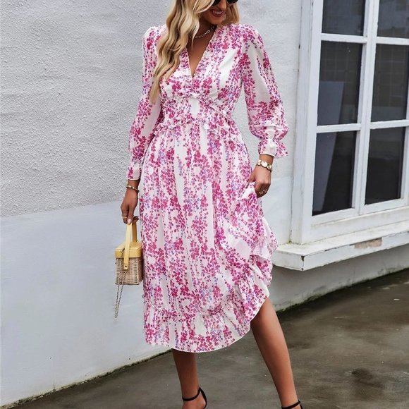 Pink Boho Womens Floral Print Flounce Sleeve Ruffle Hem Dress - Picture 3 of 5